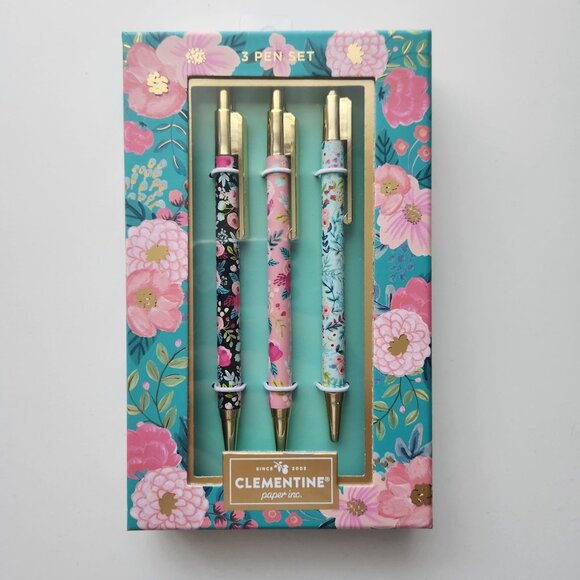 Clementine Paper Inc. Floral 3 Pen Set With Black Ink Gold Accents Vibrant Color - Picture 1 of 6